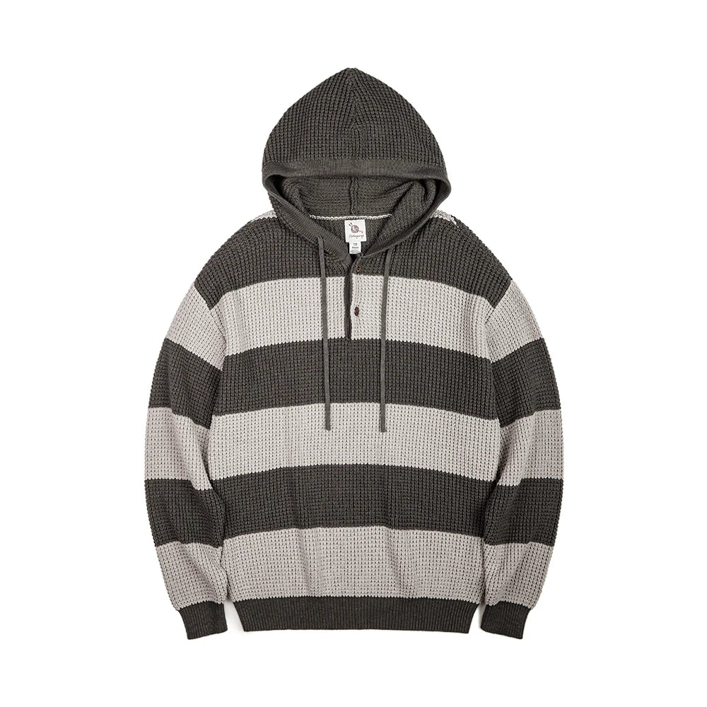 Herren Lässiger Gestreifter Strick-Hoodie im College-Stil mit Holzknopf