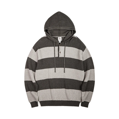 Herren Lässiger Gestreifter Strick-Hoodie im College-Stil mit Holzknopf