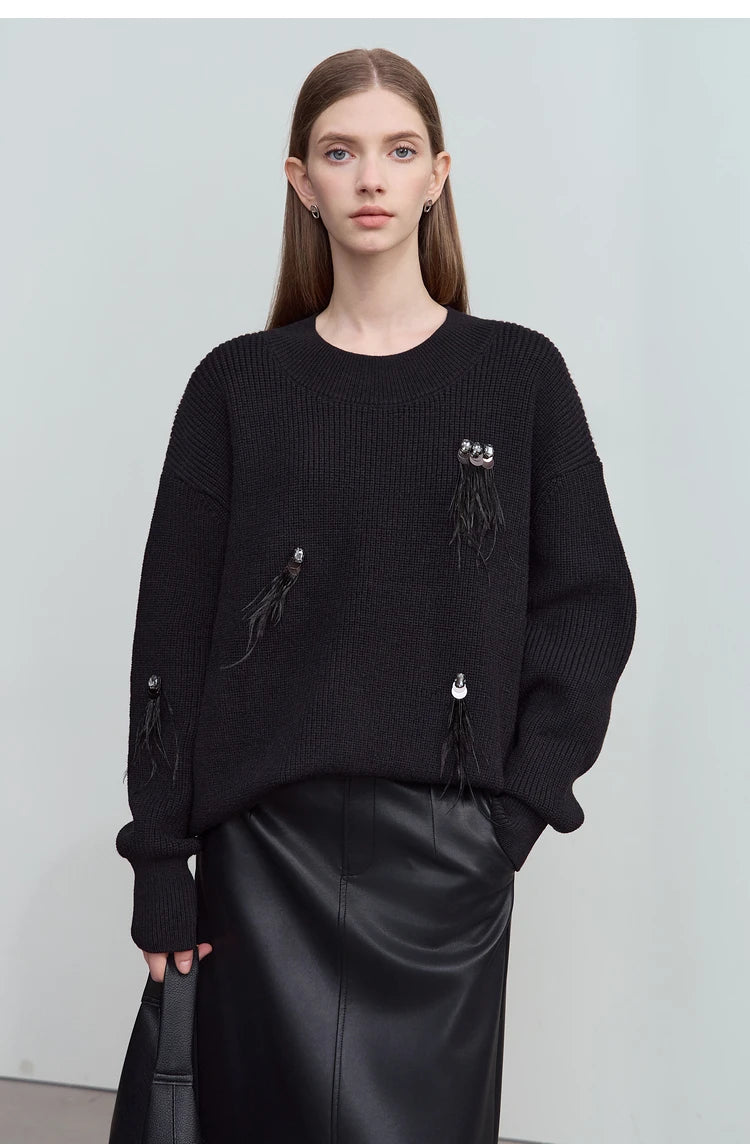 Damen-Rundhalspullover Perlen Strassapplikation locker Winter