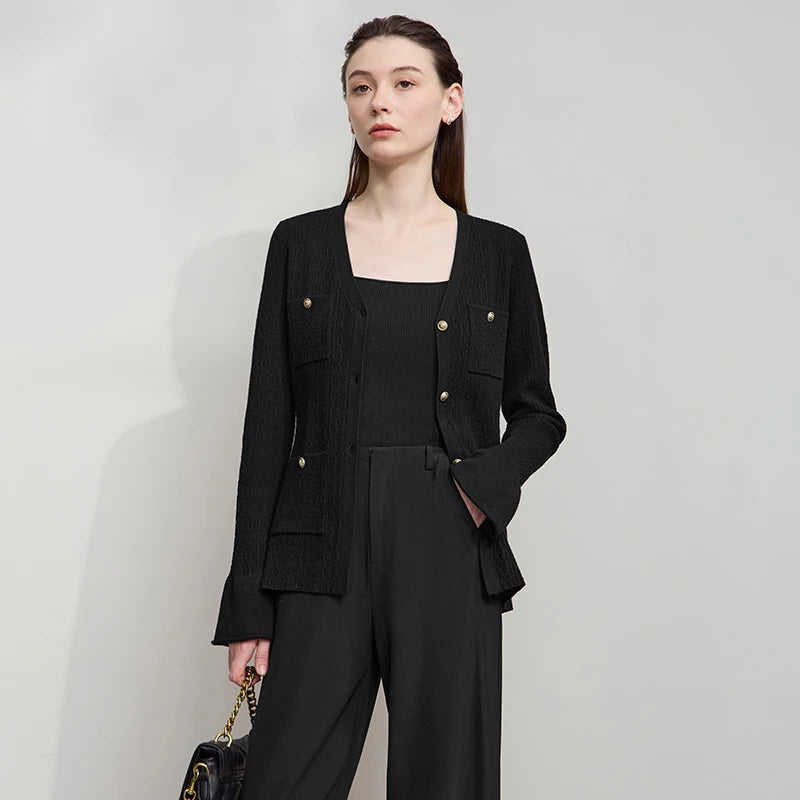 Damen-Strickjacke V-Ausschnitt einfarbig gerade Langarm vielseitig Herbst
