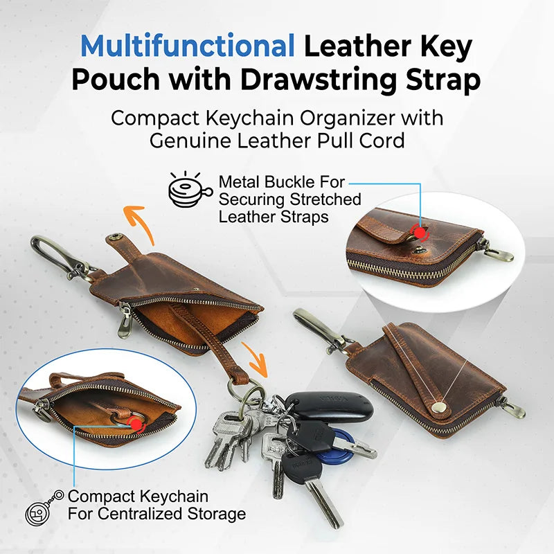 Braune Leder-Schlüssel-Tasche mit Kordelzugriemen, Metallverschlüssen und Haken