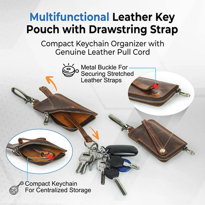 Braune Leder-Schlüssel-Tasche mit Kordelzugriemen, Metallverschlüssen und Haken