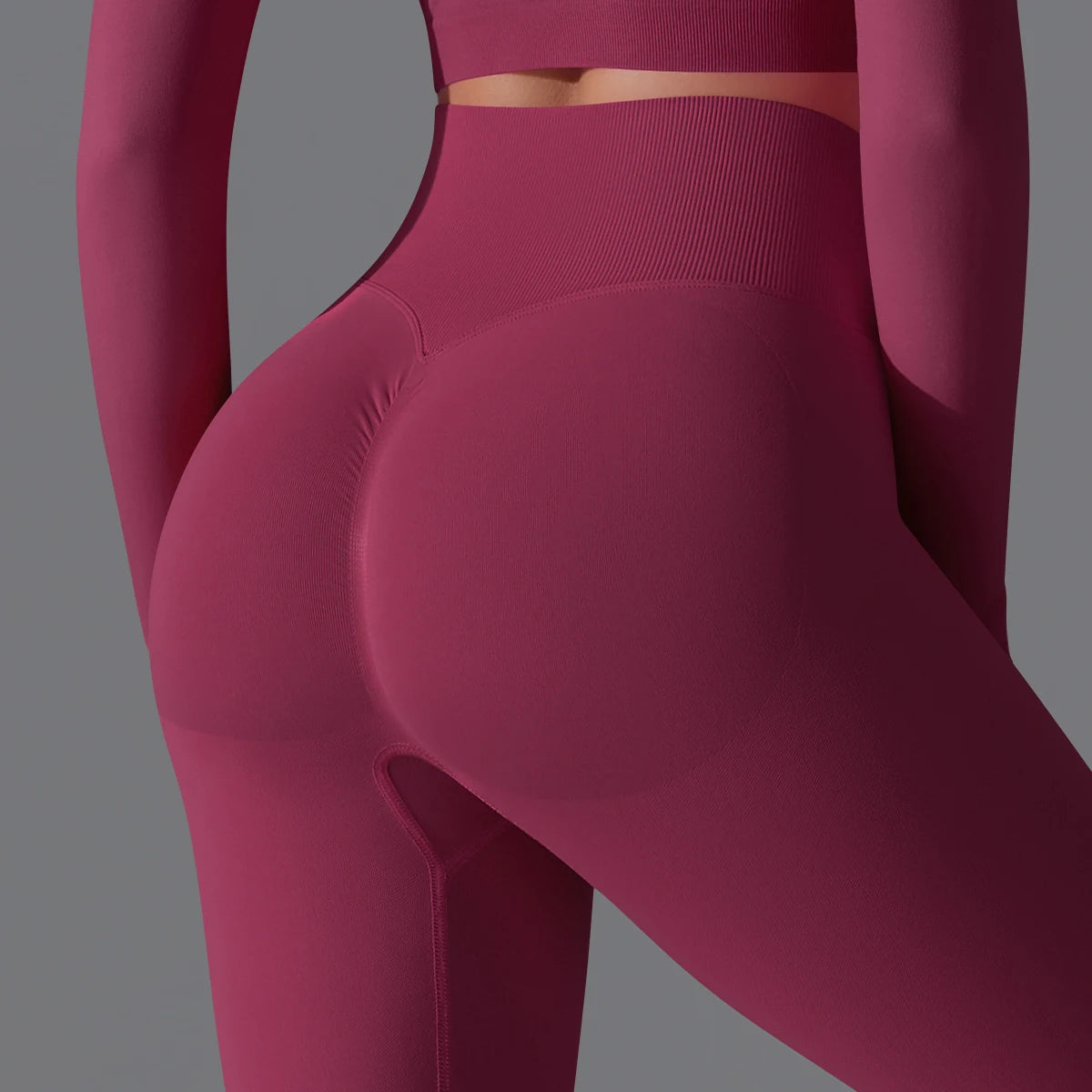 Nahtlose Yoga-Hose mit Booty-Lift, dunkelrot-violett, hohe Taille, glatte Nähte