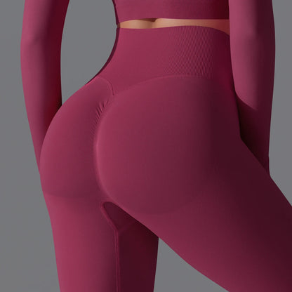 Nahtlose Yoga-Hose mit Booty-Lift, dunkelrot-violett, hohe Taille, glatte Nähte