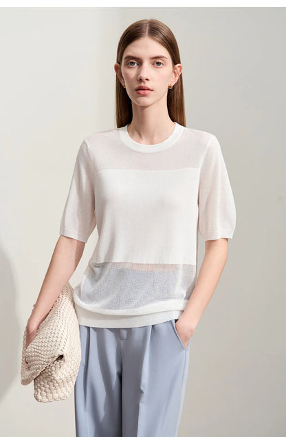 Weißer Damen-Strickpullover mit Rundhalsausschnitt und kurzen Ärmeln, transparentes Patch
