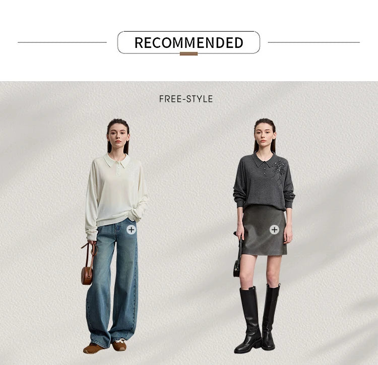 Damenpullover im Lookbook: cremefarbenes und dunkelgraues Modell