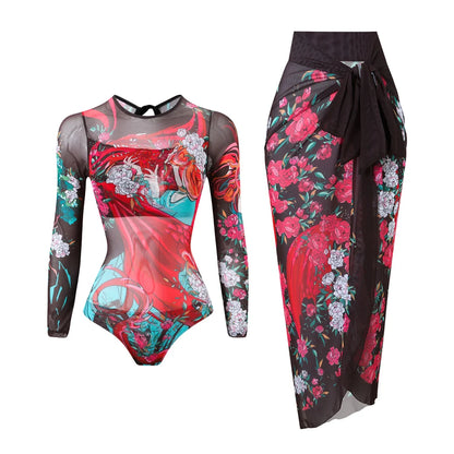 Damen-Badeanzug Blumen Langarm Sarong einteilig gepolstert