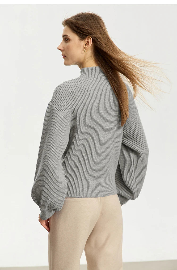 Damen-Wollpullover mit Stehkragen, graues Rippstrickmuster, weite Ärmel