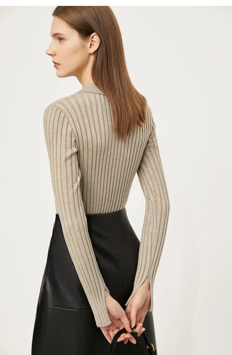 Damen-Strickjacke Polokragen Slim doppelreihig Wolle-Mix Frühling-Herbst
