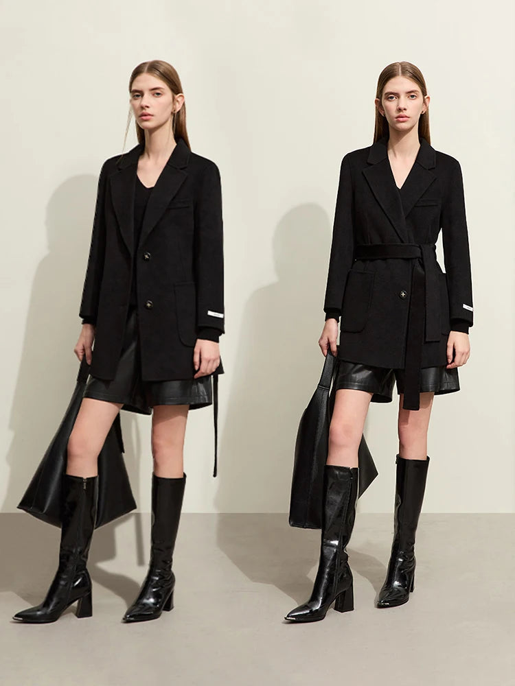 Damen Wollmantel im minimalistischen Stil mit Gürtel und langen Ärmeln