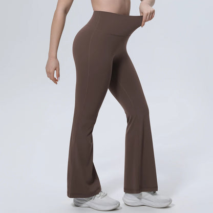 Damen-Sporthose mit hoher Taille, braun, weites Schlagbein für Fitness