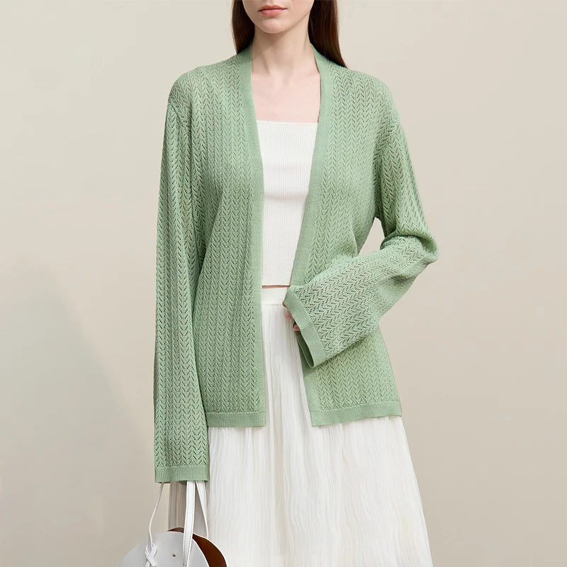 Damen-Strickjacke Lyocell V-Ausschnitt Glockenärmel Gürtel locker Frühling