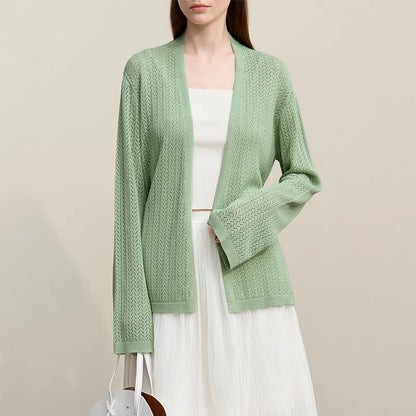 Damen-Strickjacke Lyocell V-Ausschnitt Glockenärmel Gürtel locker Frühling