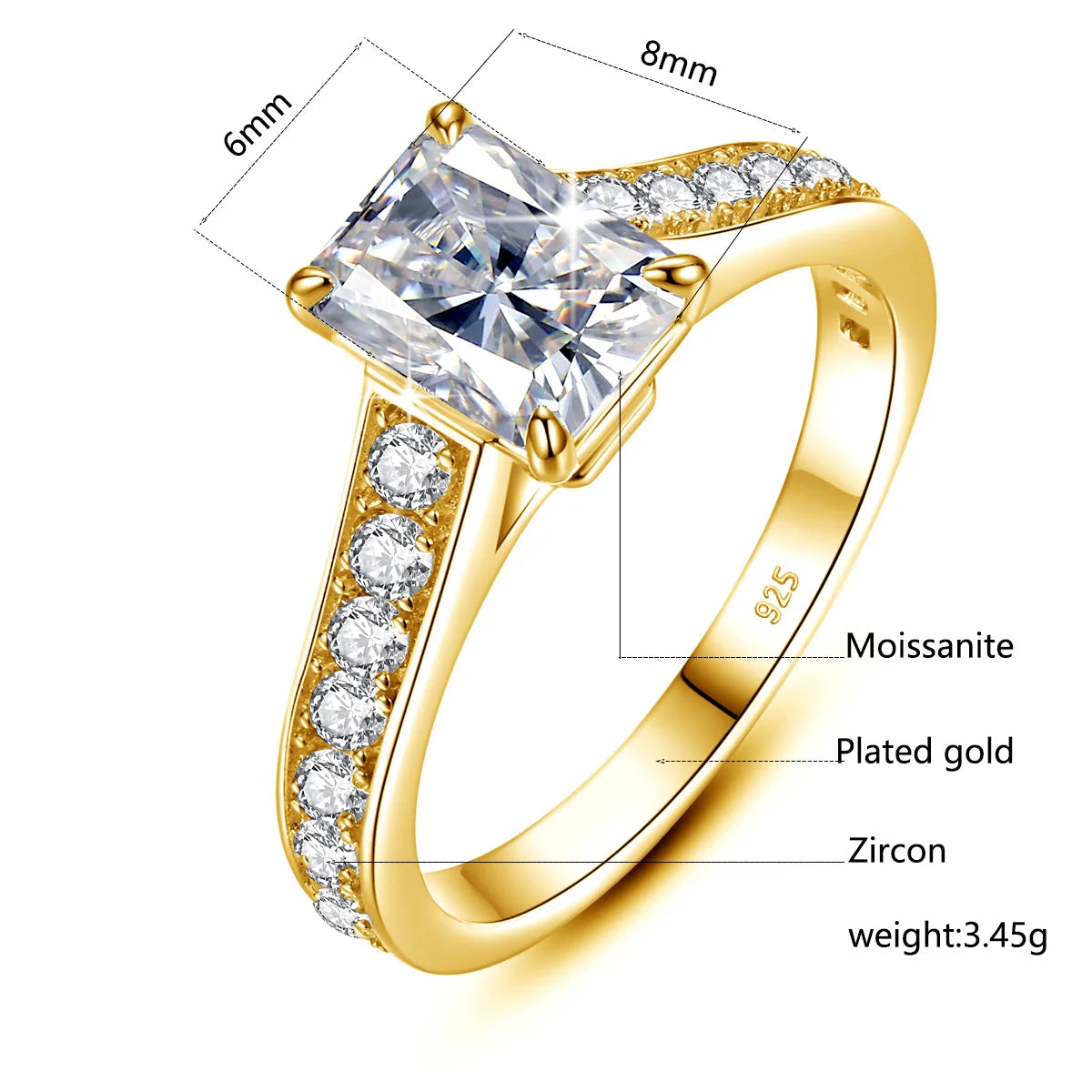 Damen-Verlobungsring Moissanite Emerald-Schliff 2 ct Gelbgold-Optik Silber Farbe D