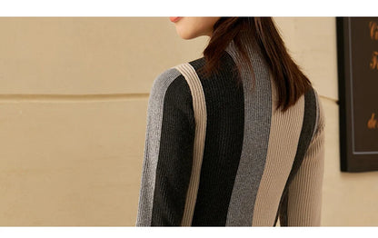 Damen-Rollkragenpullover Slim Patchwork Streifen Viskose Winter