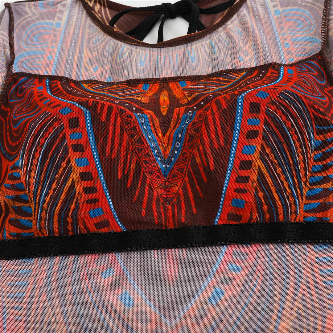 Damen-Badeanzug 3-teilig Print Langarm Sarong-Set gepolstert
