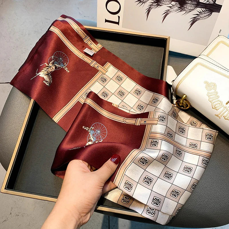Damen Seidenschal dünn Taschenband Foulard Haarband Stirnband bedruckt C