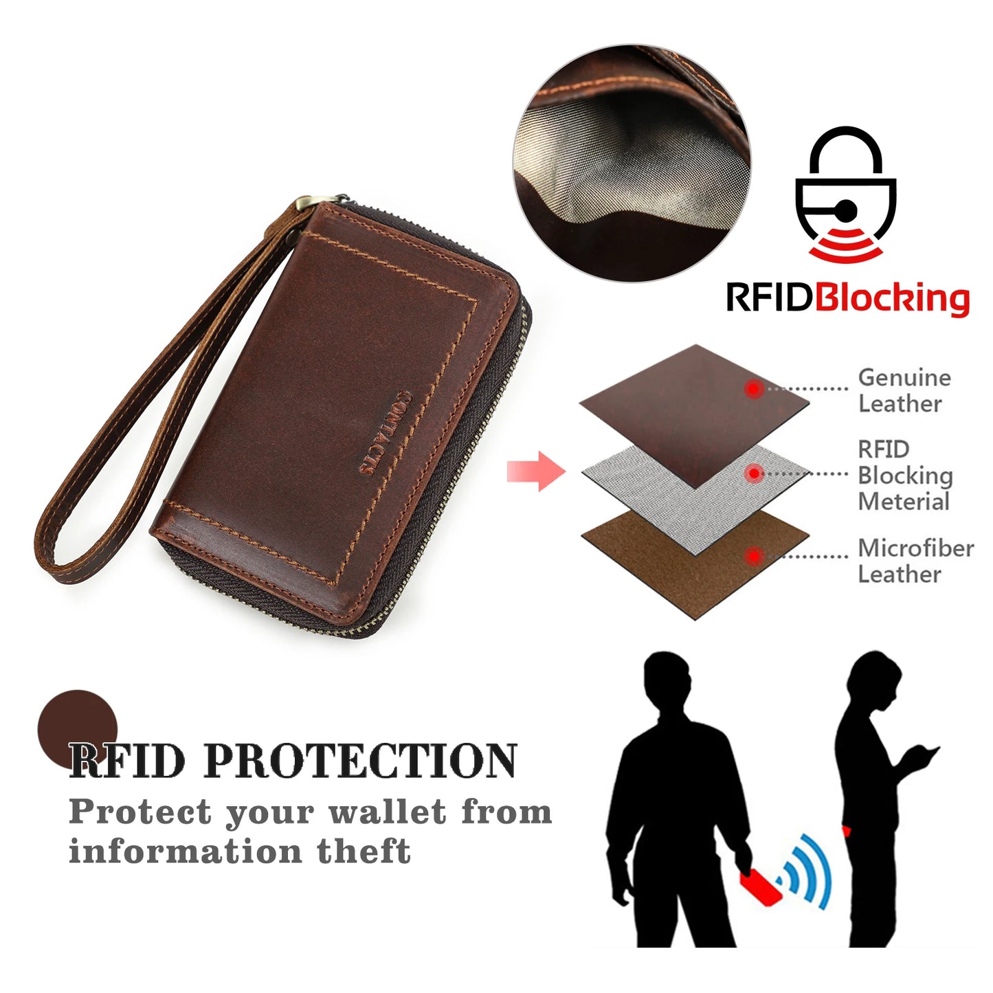 RFID-geschützte Leder-Schlüsselbrieftasche, braun, mit Reißverschluss und Karten-Schutz