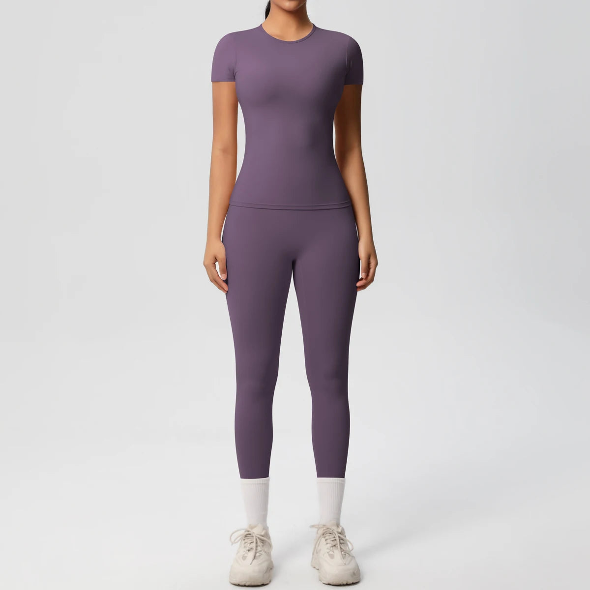 Sport-Crop-Top und Leggings im Set, violett, kurzarm, slim fit