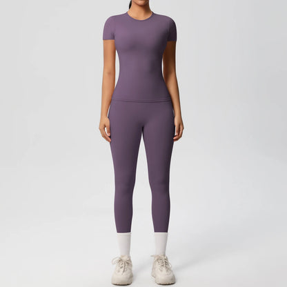 Sport-Crop-Top und Leggings im Set, violett, kurzarm, slim fit