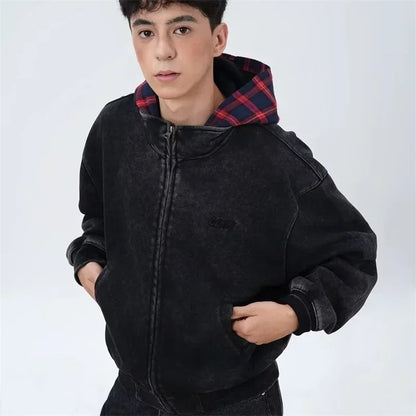 Herbst Plaid Zipper Mit Kapuze Sweatshirts Für Männer Y2K Vintage Streetwear Patchwork Jacken Weibliche Harajuku Mode Hoodies Mäntel