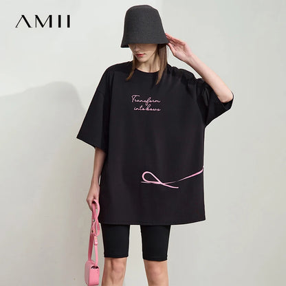 Damen T-Shirt aus ultraloch Stretch-Baumwolle mit Buchstaben-Bowknot-Aufdruck