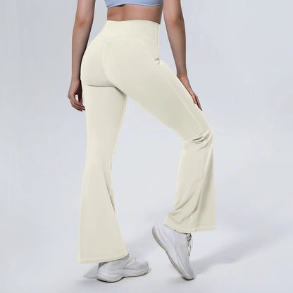 Damen-Yogahose mit hoher Taille, ausgestelltes Bein, hell cremefarben, Frontansicht
