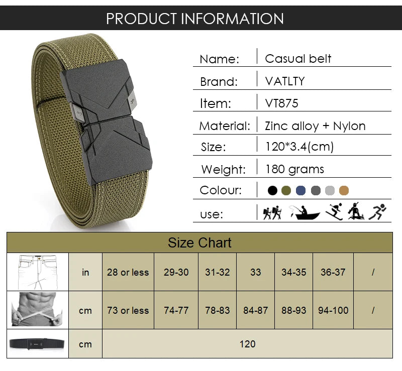 Herren-Gürtel aus elastischem Nylon mit Schnellverschluss Outdoor-Einsatz und Alltag 34 mm Breite