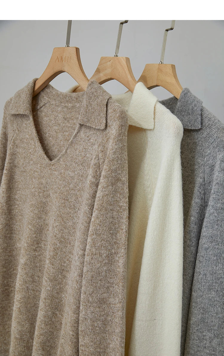 Damenpullover im Set: beiger, weißer und grauer Strickpullover, V-Ausschnitt, lose Passform