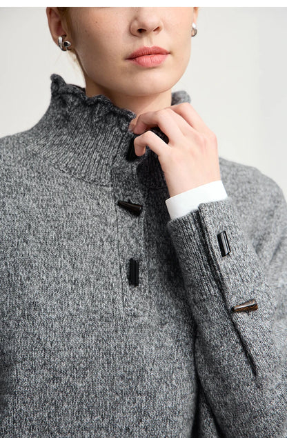 Damen-Rollkragenpullover locker Knopf Raglanärmel Winter