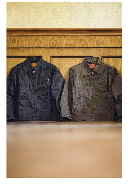 Herren Jacke Vintage IV Oil Waxed Canvas Revers Reißverschluss Taschen