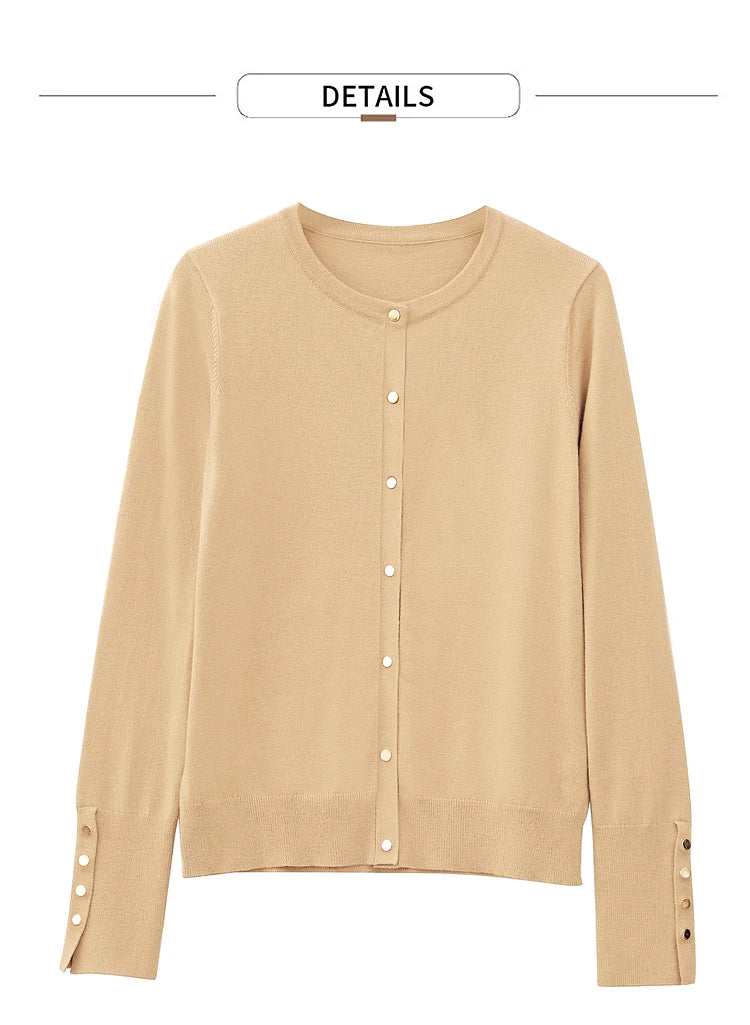 Damen-Strickjacke Rundhals Wolle Metallknopf französisch Büro Frühling