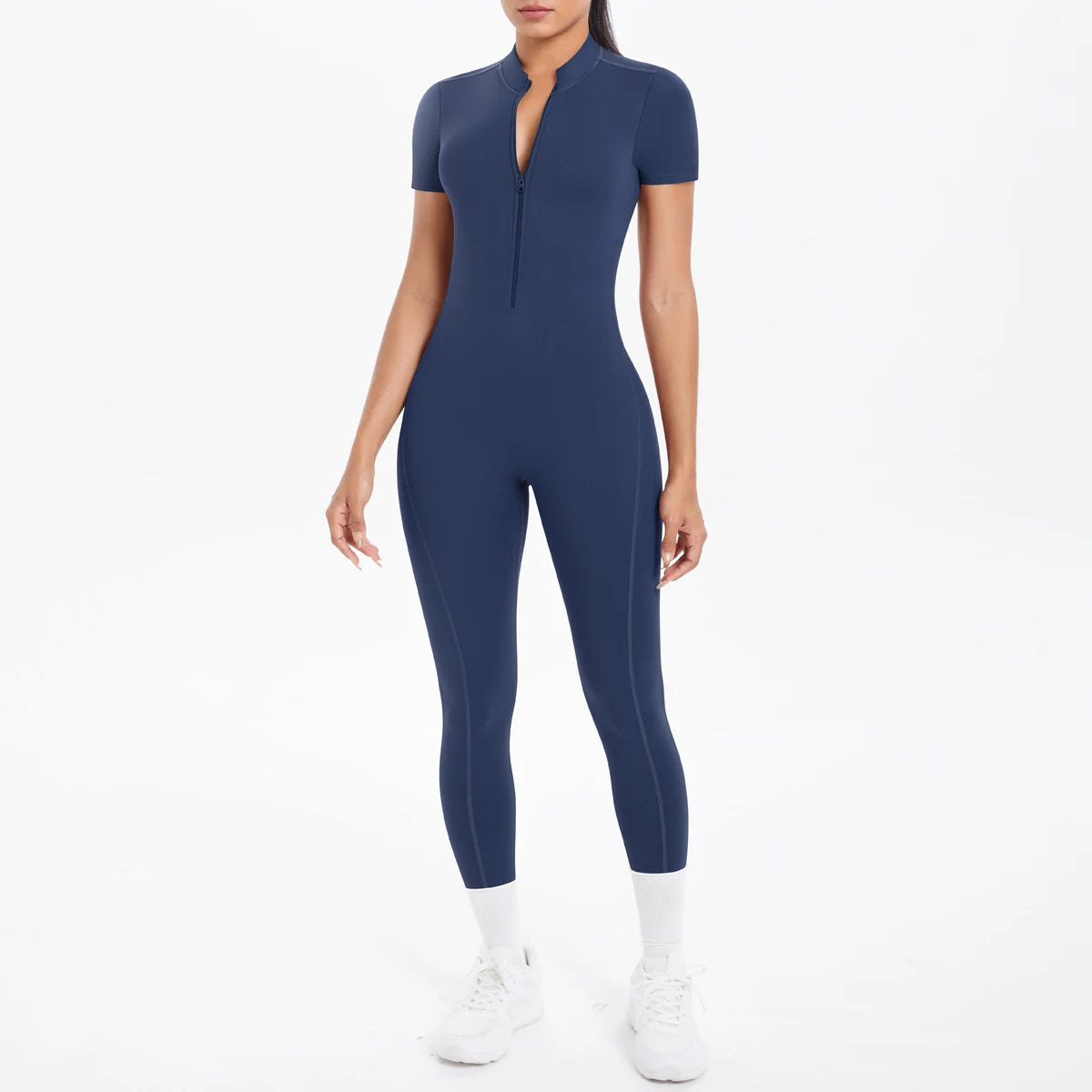 Kurzarm-Bodysuit mit Frontreißverschluss, dunkles Marineblau, lange Beine, enganliegend