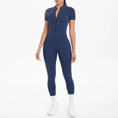 Kurzarm-Bodysuit mit Frontreißverschluss, dunkles Marineblau, lange Beine, enganliegend