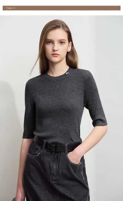 Damen-Strickpullover mit Rundhalsausschnitt, dunkelgrau, 3/4-Ärmel, schmaler Schnitt