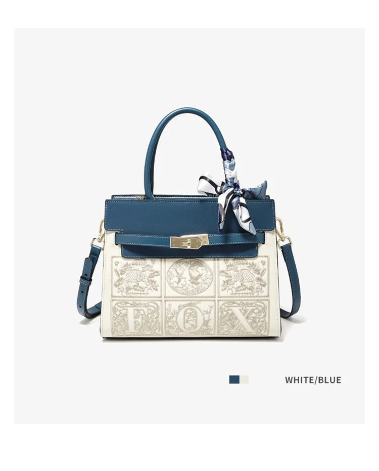 Damen Schultertasche aus Splitleder mit Stickerei im chinesischen Stil