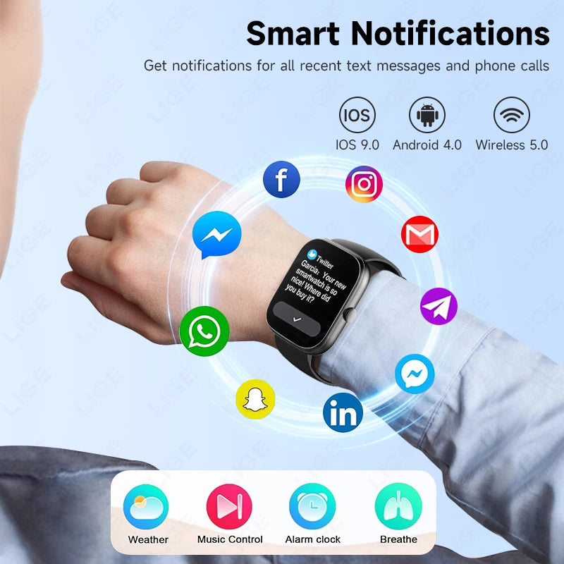 LIGE AI Sprachassistent Smart Watch für Männer Frauen 1,96" HD Touchscreen Fitness Tracker Drahtloser Anruf IP68 Wasserdichte Smartwatch