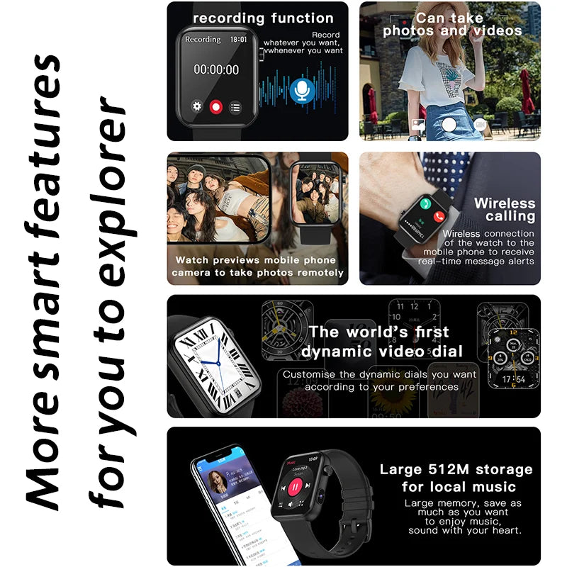 Smartwatch mit 3D Zifferblatt, Videoaufnahme und BT Anrufen für Erwachsene