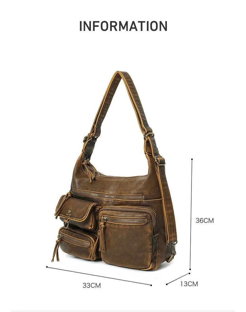 Damen-Schultertasche aus PU Großes Fassungsvermögen mit Innenfächern Vintage-Look Schwarz