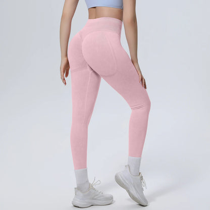Rosa Yoga-Leggings, Rückansicht, Push-up-Paneel am Gesäß