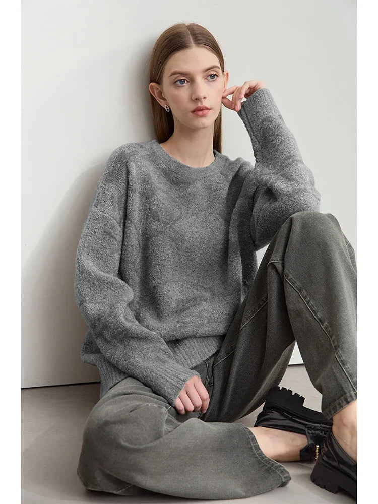 Grau melierter Damenpullover mit Rundhalsausschnitt, lockerer Jacquard-Strick, langarm