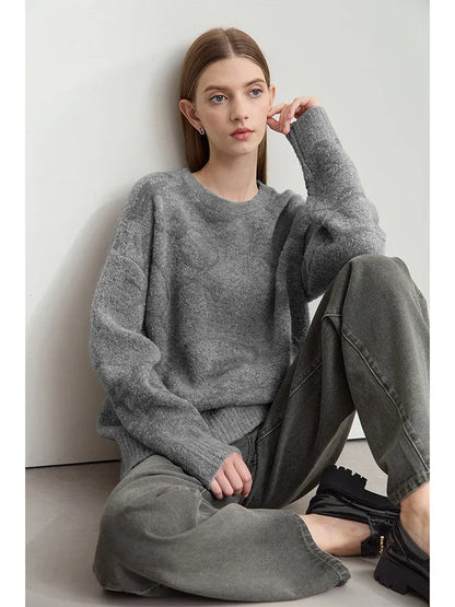 Grau melierter Damenpullover mit Rundhalsausschnitt, lockerer Jacquard-Strick, langarm