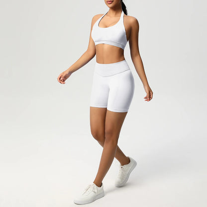Damen-Fitnessset mit nahtlosem Sport-BH und Laufshorts, weiß