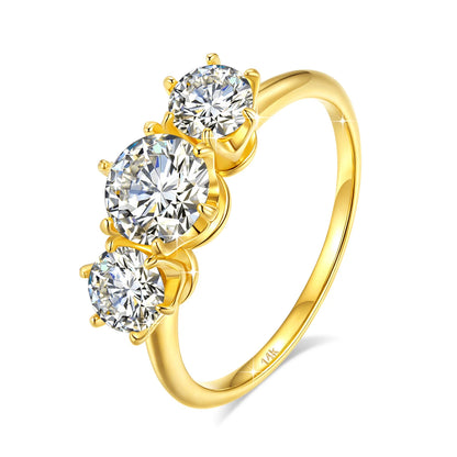 Damen-Verlobungsring aus Gelbgold 14K mit drei Moissaniten und Echtheitszertifikat