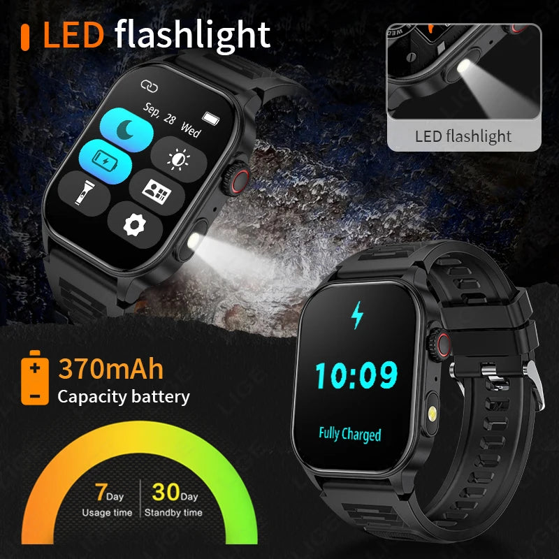 LIGE Military Smart Uhr Männer Taschenlampe IP68 Outdoor 100 + Sport Fitness Tracker 2,01 "Bluetooth Anruf Smartwatch Für Android IOS