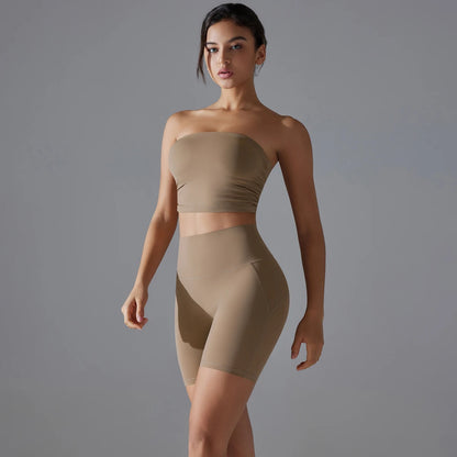Sport-Shorts mit Push-up-Effekt, braun-beige, hoher Bund, glatte Passform