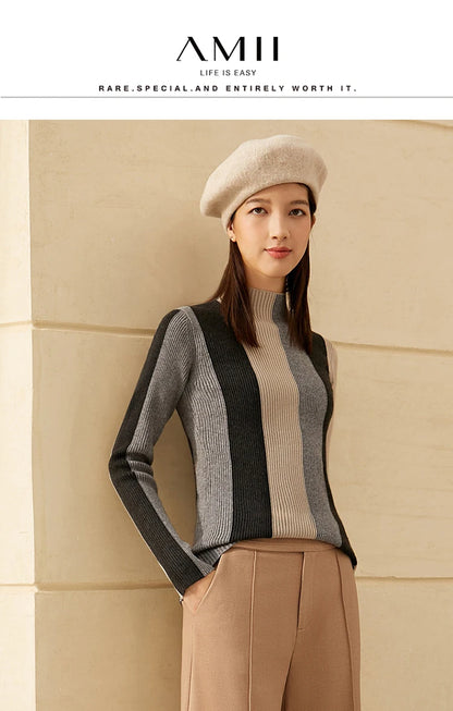 Damen-Rollkragenpullover Slim Patchwork Streifen Viskose Winter