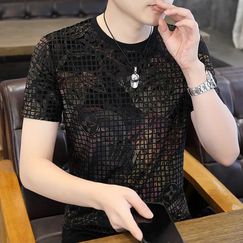 Herren Rundhals-T-Shirt aus leichtem Luxus-Samt mit floralem Druck für Freizeit und Business