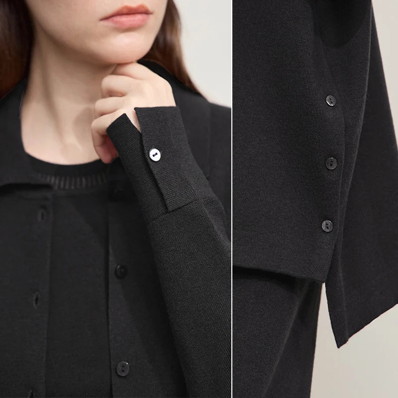 Damen-Strickjacke lang Seide-Wolle Umlegekragen locker Herbst