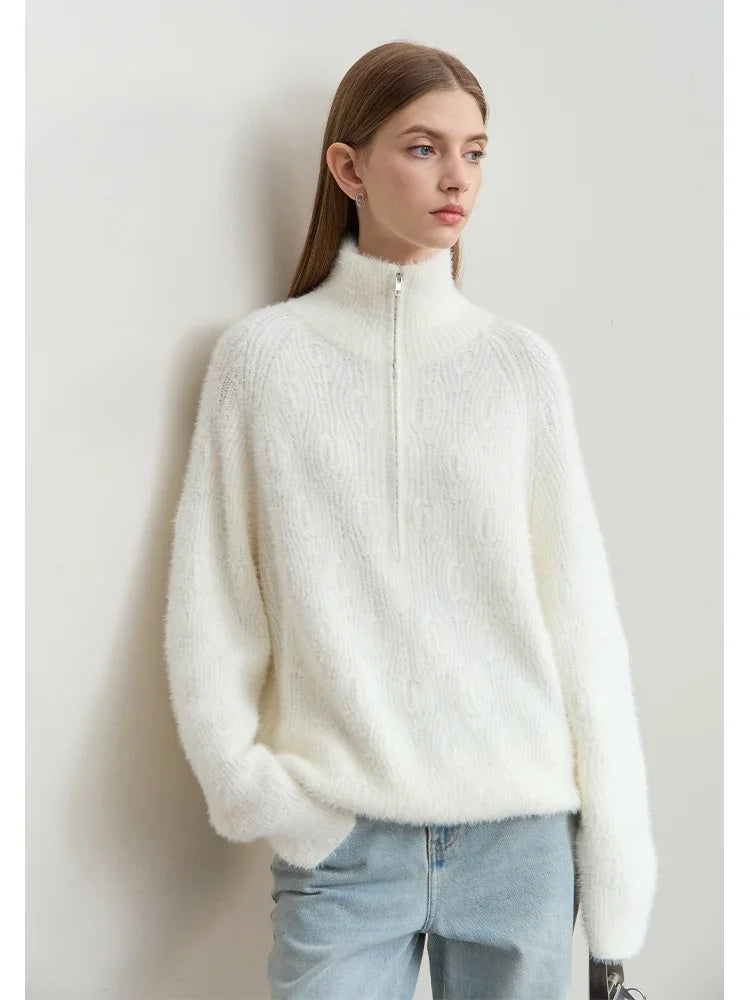Damen-Rollkragenpullover Reißverschluss Nerz-Optik locker Winter